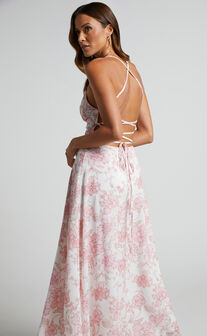 Ebielle Tie Up Back Slip Maxi Dress in Pastel Spring Floral