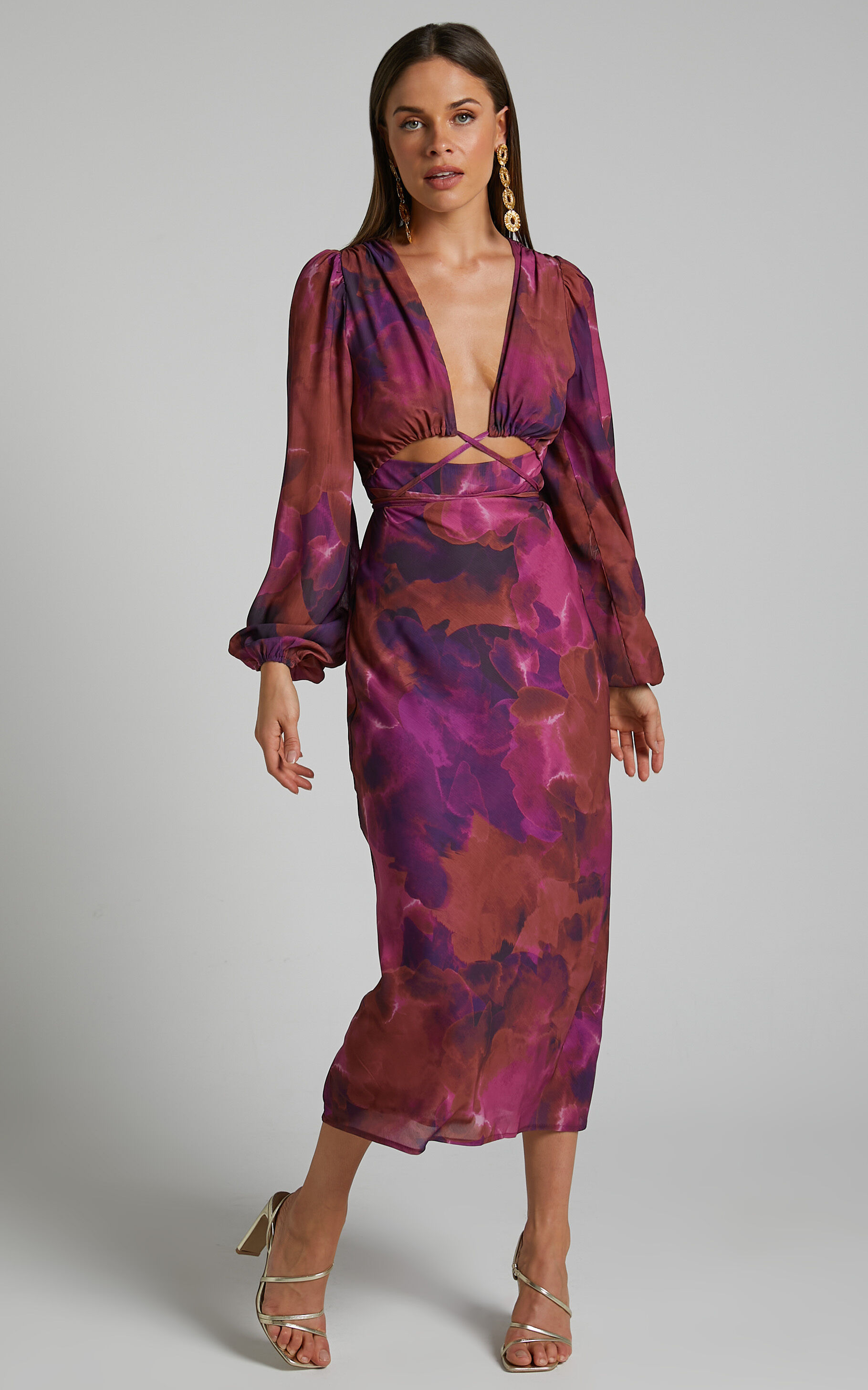 Artola Front Cut Out Long Sleeve Midi Dress in Blurred Dreams | Showpo USA