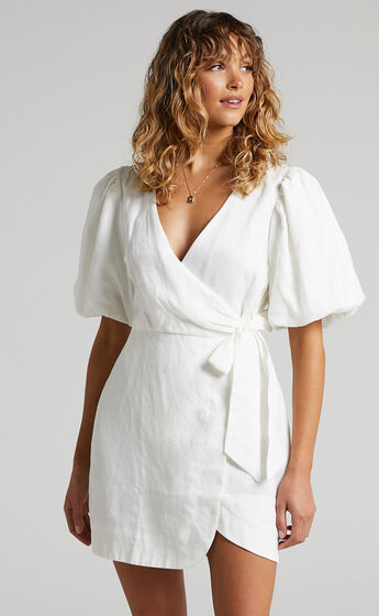 Amalie The Label - Apolline Linen Puff Sleeve Wrap Mini Dress in White