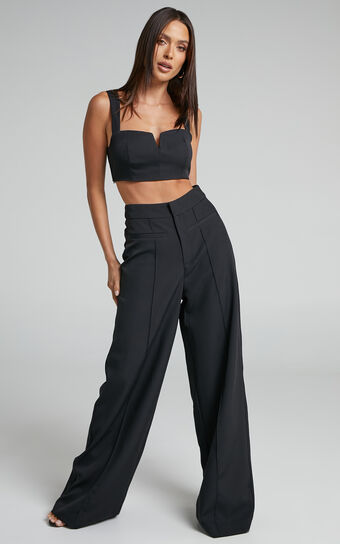 Maida V-Front Crop Top and Wide Leg Pants Two Piece Set in Black