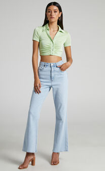 Dolly Button Up Slinky Short Sleeve Crop Top in Celery