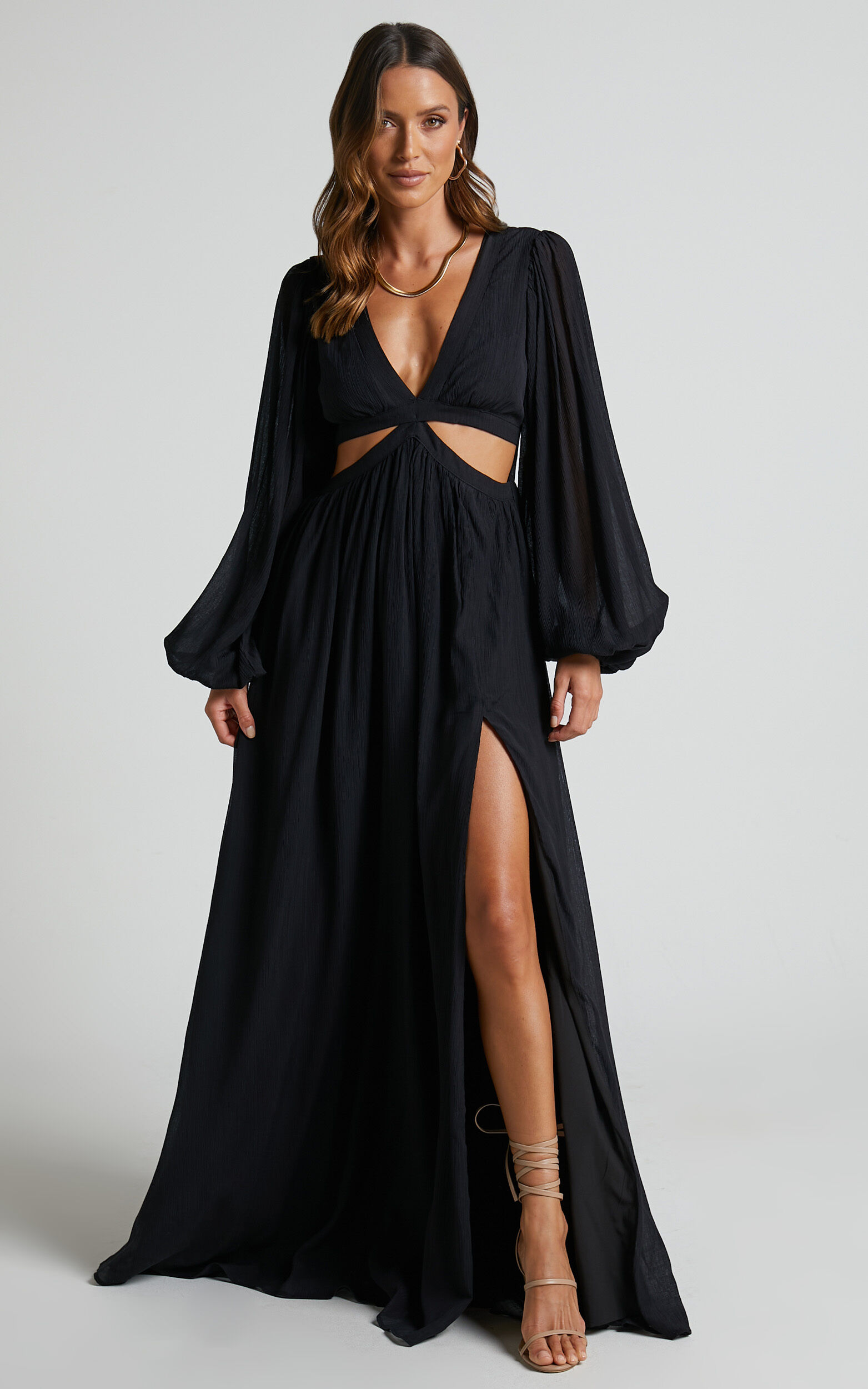 Paige Side Cut Out Balloon Sleeve Maxi Dress in Black - 04, BLK1, super-hi-res image number null