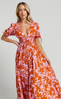 Gweeny Midi Dress - V Neck Tie Short Sleeve Dress in Rust Floral