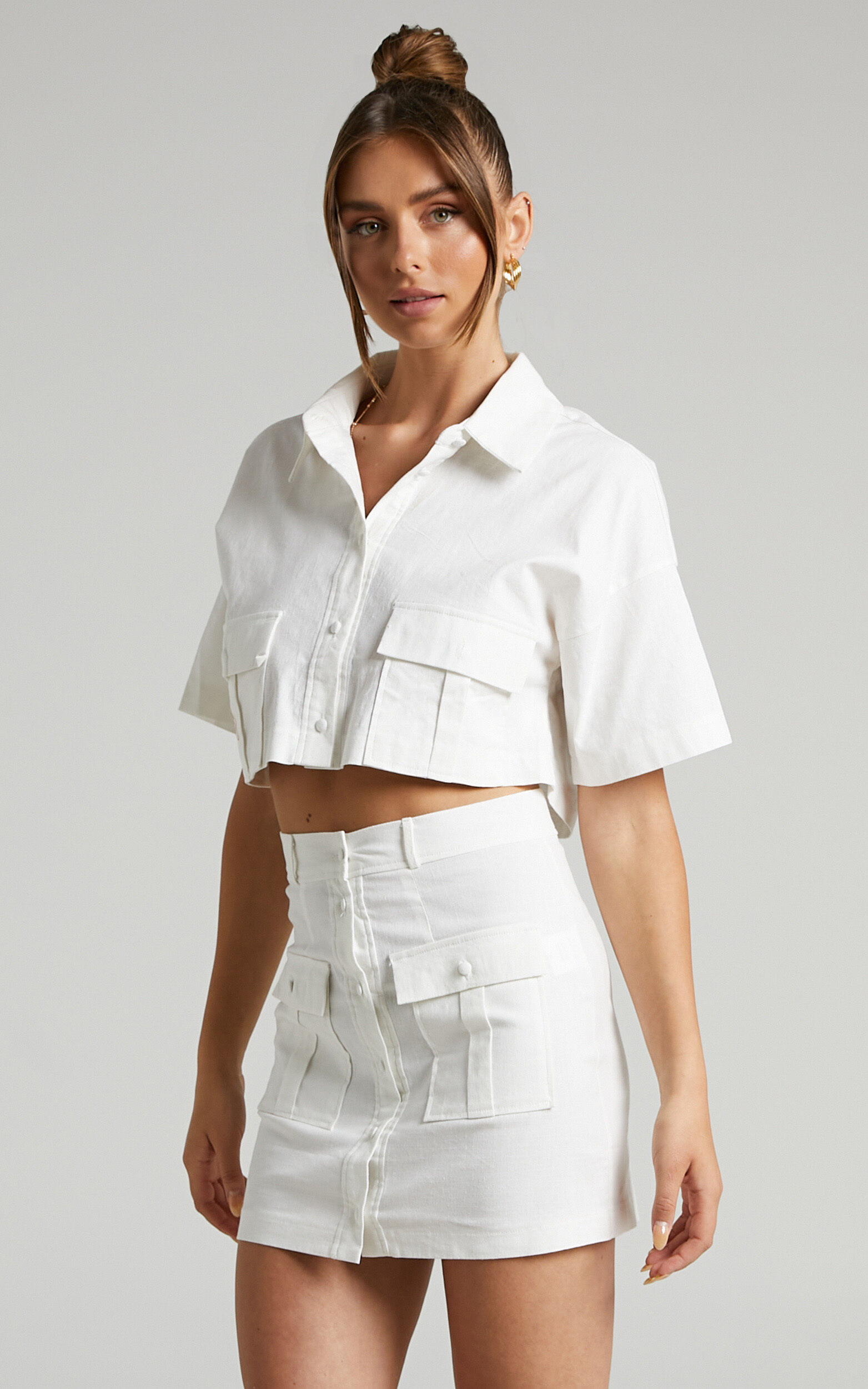 Navine Two Piece Set - Button Front Crop Top and Cargo Pocket Mini Skirt Set in White - 04, WHT2