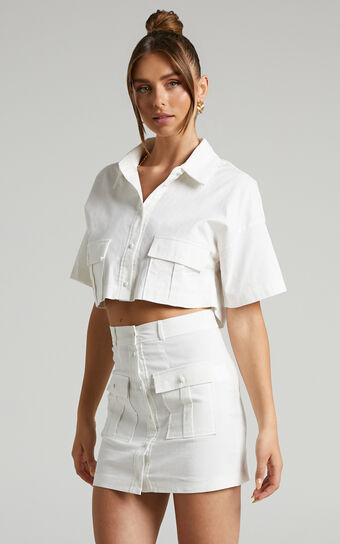 Navine Two Piece Set - Button Front Crop Top and Cargo Pocket Mini Skirt Set in White