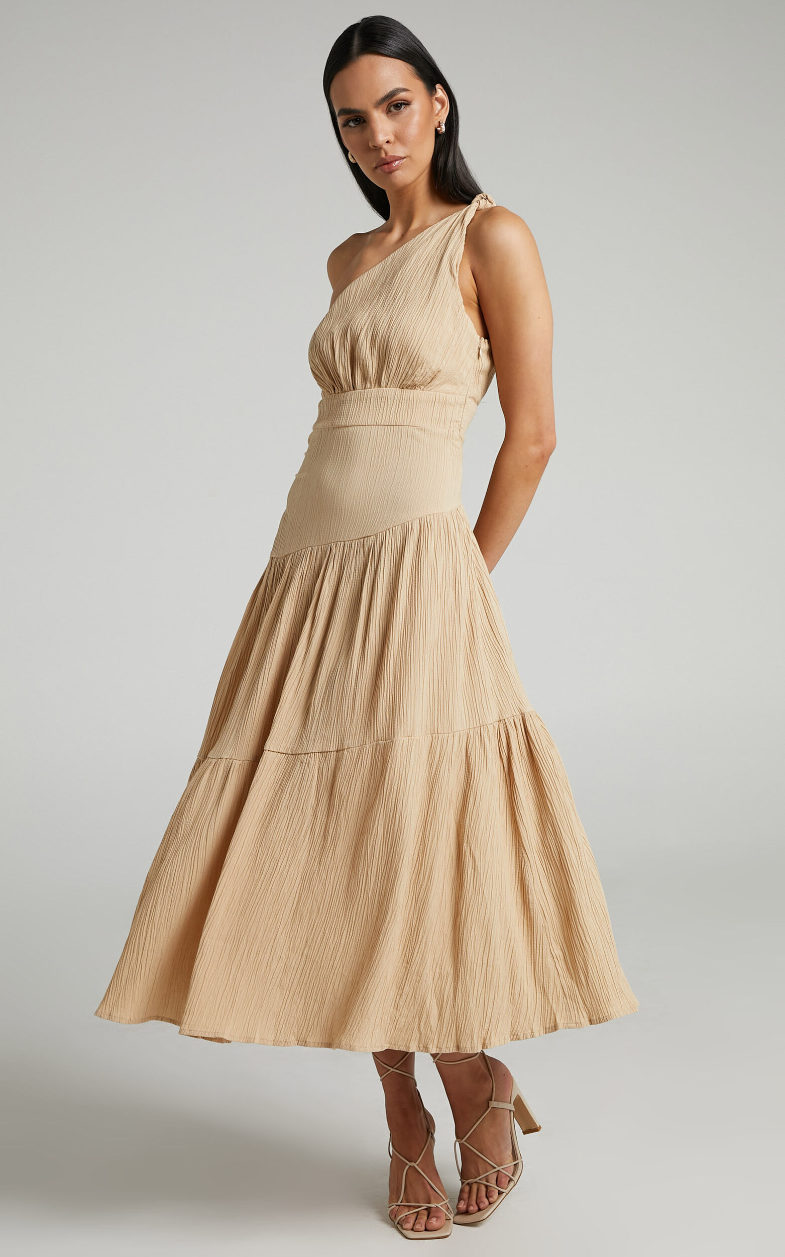 Celestia Midaxi Dress - Tiered One Shoulder Dress in Sand - 04, NEU1