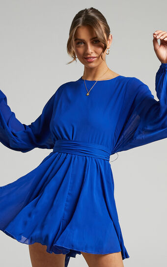 Henny Mini Dress - Tie Front Longsleeve Dress in Cobalt