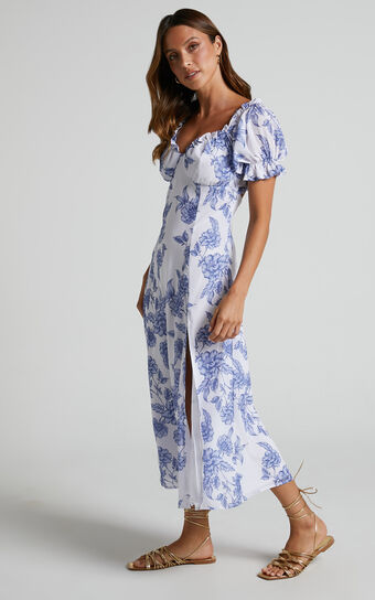 Zonya Midi Dress - Off Shoulder Thigh Split Dress in Blue Silhouette Floral