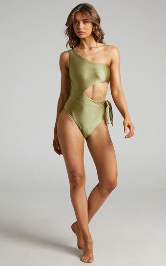 Kiawah One shoulder Swimsuit with Waist Cut Out in Olive