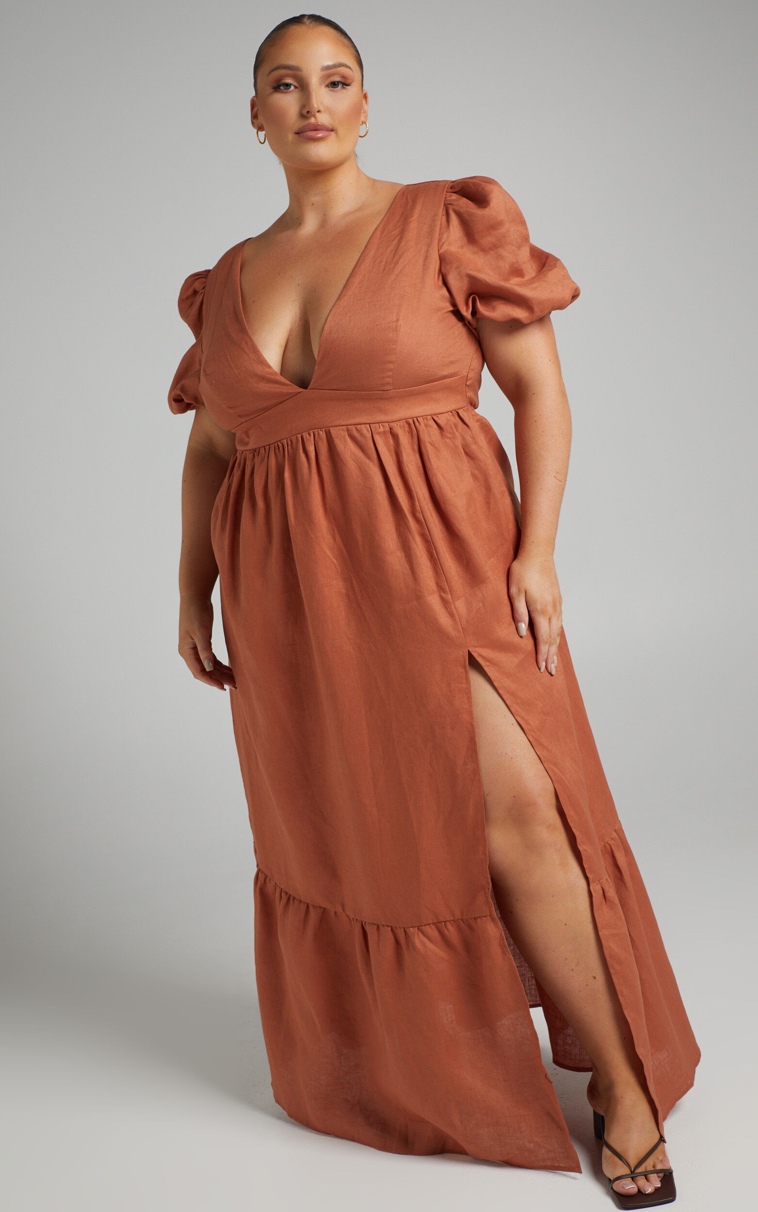 Amalie The Label - Alanice Linen Puff Sleeve Open Back Maxi Dress in Rust - 06, BRN1, super-hi-res image number null
