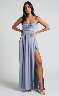 Gemalyn Maxi Dress - Cowl Neck Thigh Split Dress in Sky Blue