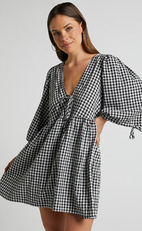 Rosita Mini Dress - Tie Front Puff Sleeve Dress in Black and White Check