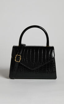 Marilou Bag - Croc Embossed Top Handle Bag in Black