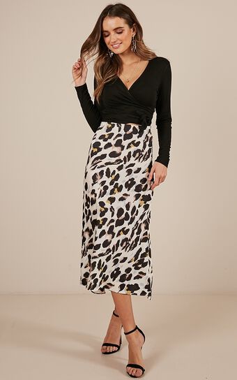 Mutual Feeling Midi Skirt In Leopard Print Satin 