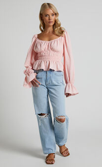 Isa Long Sleeve Elastic Detail Ruched Waist Top in Dusty Pink