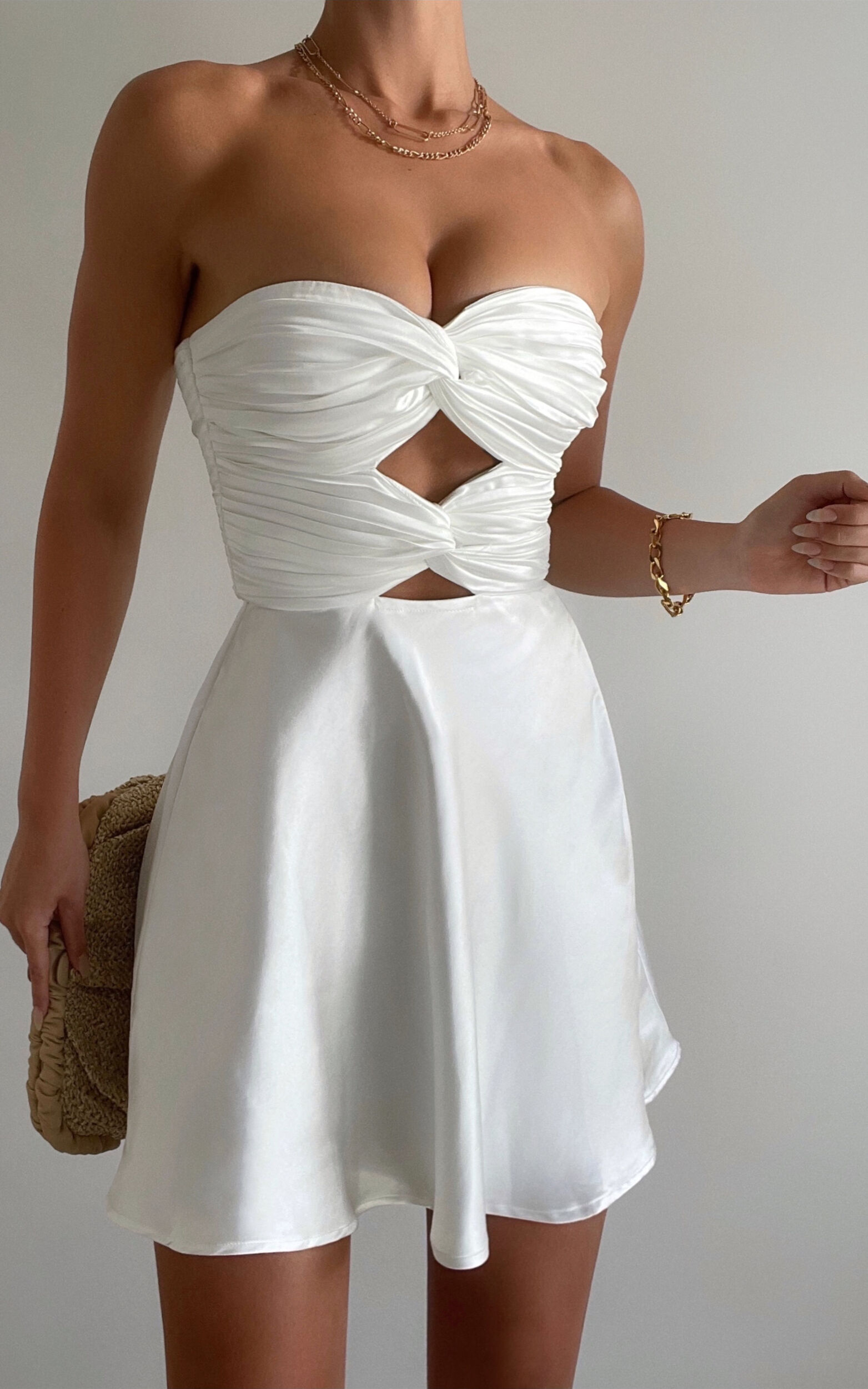 Almaeh Mini Dress - Twist Front Cut Out Strapless Slip Dress in White - 06, WHT1