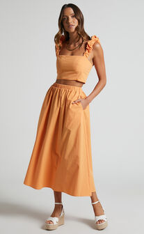 Levona Two Piece Set - Ruched Strap Crop Top and Midi Skirt Set in Orange