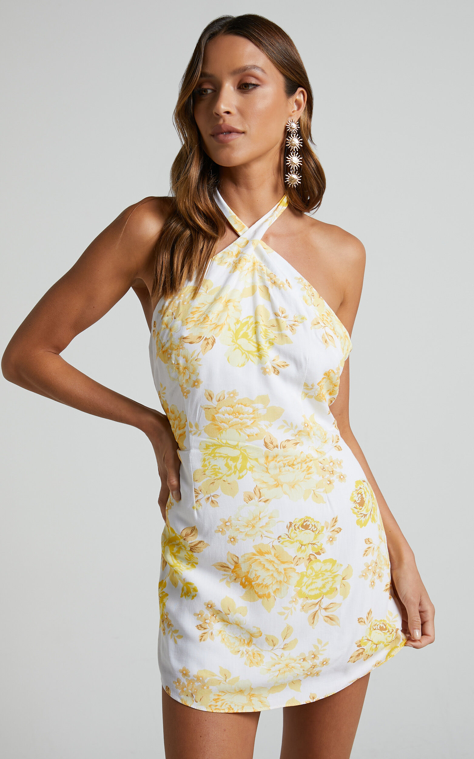 Faran Mini Dress - Crossover Halter Backless Dress in Yellow Floral - 06, YEL1