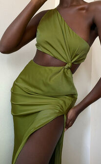 Kaniva Midi Dress - One Shoulder Open Back Dress in Olive