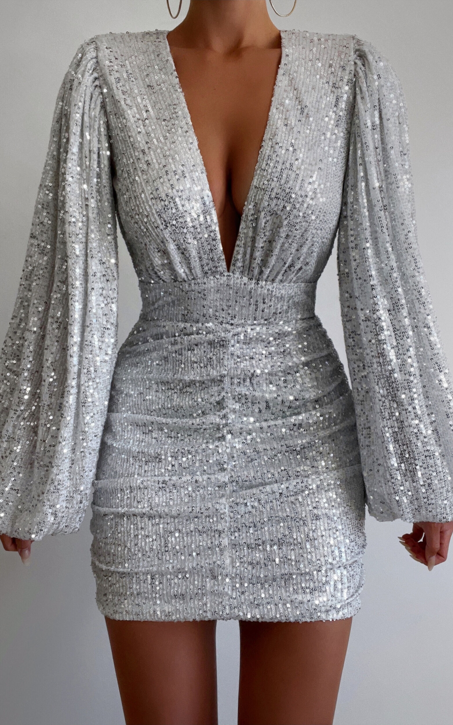 RHYLEE MINI DRESS - LONG SLEEVE RUCHED DRESS IN SILVER SEQUIN