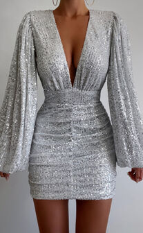 Rhylee Mini Dress - Long Sleeve Ruched Dress in Silver Sequin