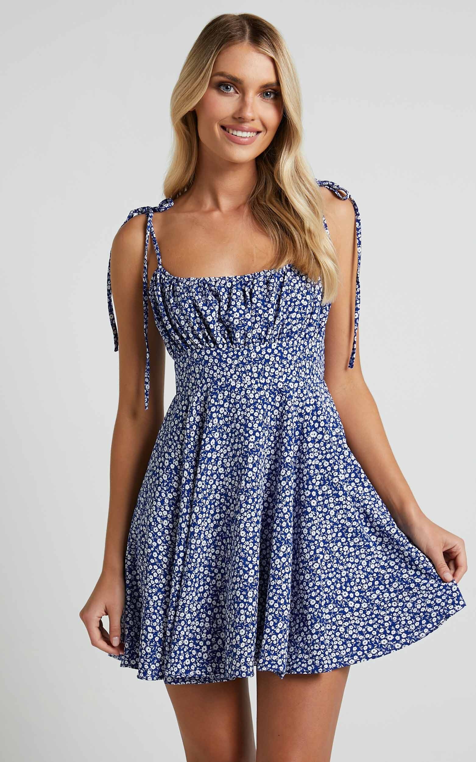 Summer Jam Mini Dress - Strappy Slip Dress in Blue Floral - 04, BLU1