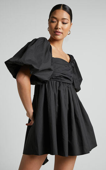 Melony Mini Dress - Cotton Poplin Puff Sleeve Dress in Black