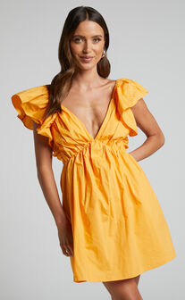 Raiza Mini Dress - Ruffle Sleeve Tie Back Plunge Dress in Marigold