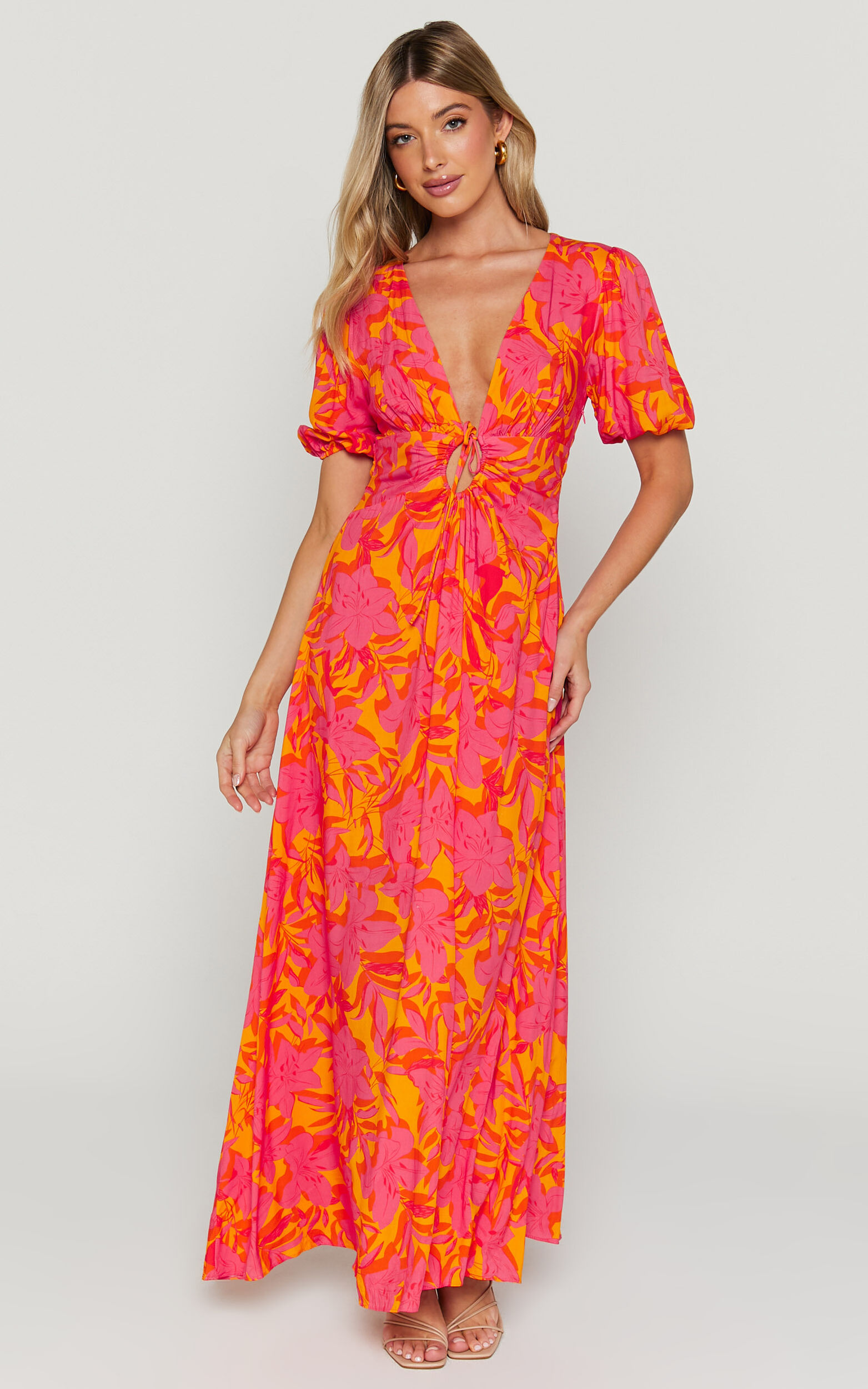 Roshanna Midaxi Dress - Cut Front Puff Sleeve Dress in Orange Floral - 06, ORG1