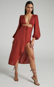 Demieh Midi Dress - Front Cut Out Long Sleeve Dress in Rust