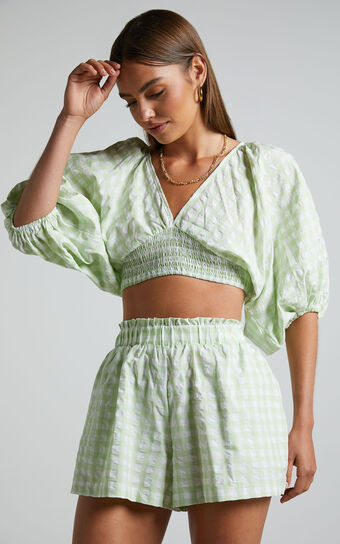 Madelyn Top - V Neck Batwing Puff Sleeve Crop Top in Mint Gingham