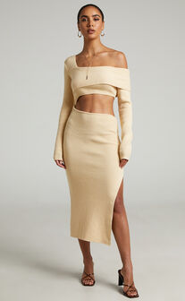 Alabama Midi Dress - Off One Shoulder Asymmetric Long Sleeve Knit Dress in Sand