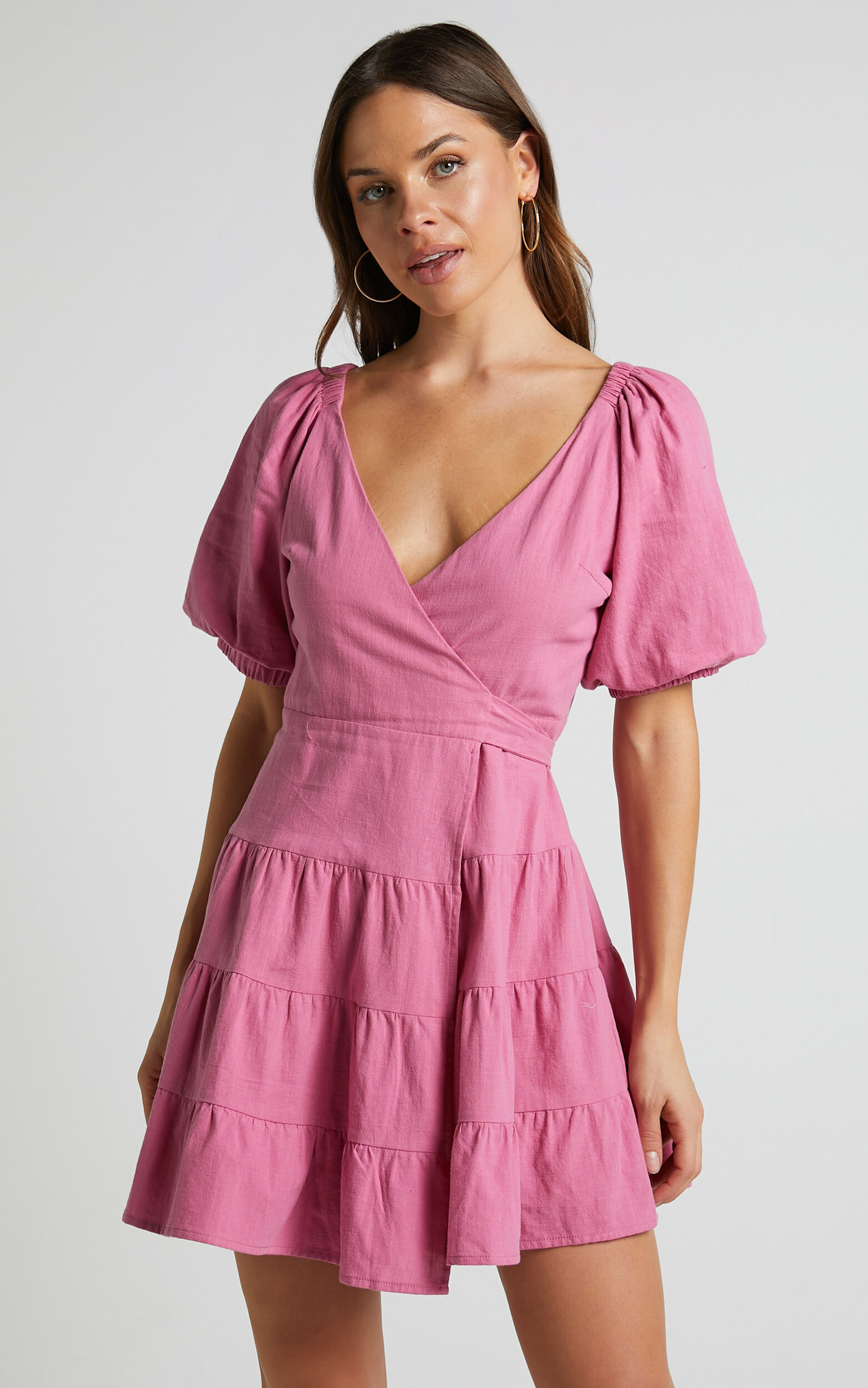 Janiellay Mini Dress - Short Puff Sleeve Wrap Dress in Pink - 06, PNK1