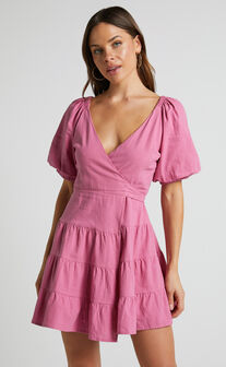 Janiellay Mini Dress - Short Puff Sleeve Wrap Dress in Pink
