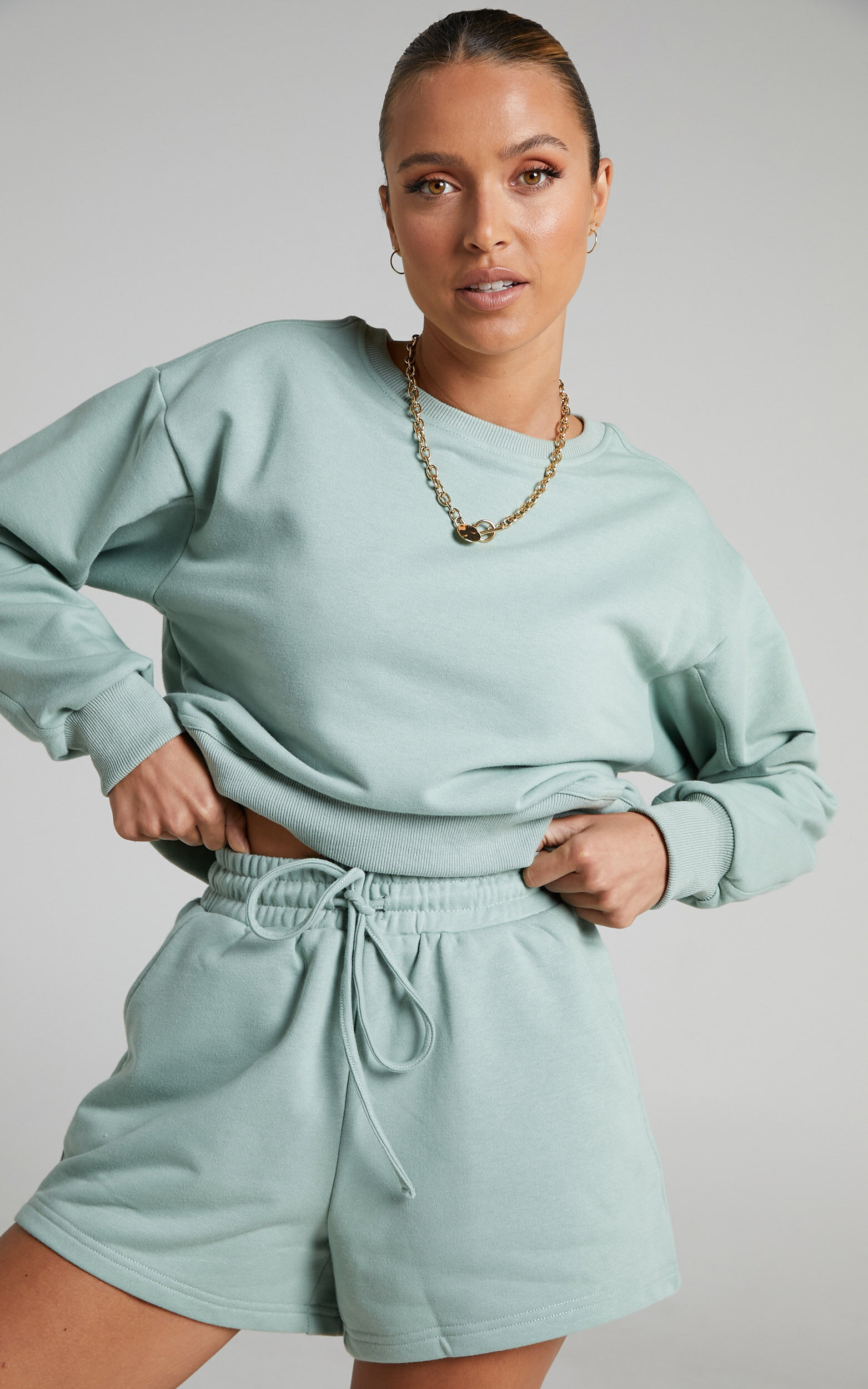 Jensome Boxy Fit Crop Jersey Sweater in Sage - 04, GRN1, super-hi-res image number null