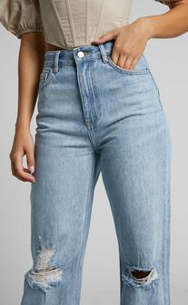 Miho High Waisted Recycled Cotton Distressed Wide Leg Jeans in Mid Blue Wash
