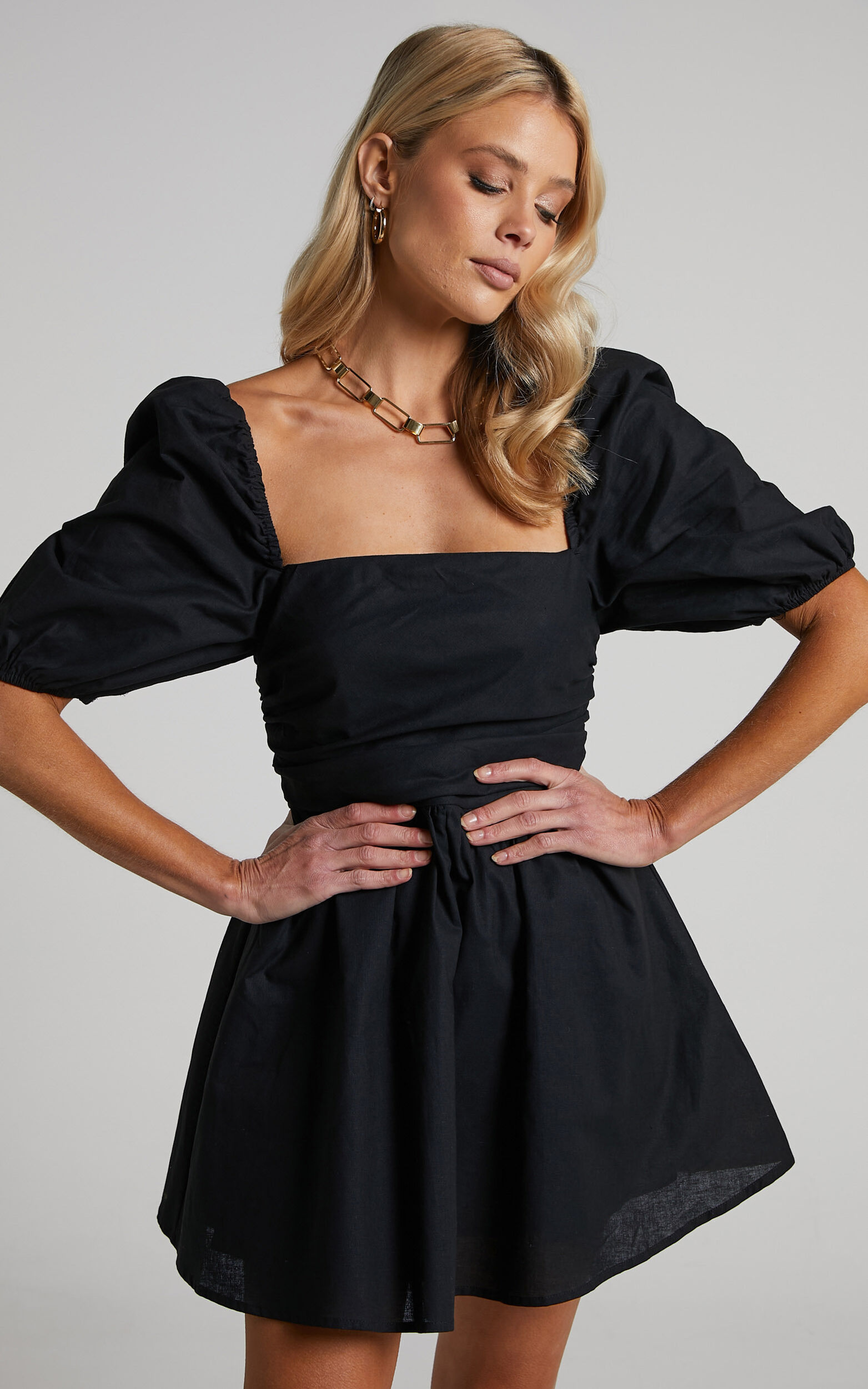 Claudina Mini Dress - Linen Look Puff Sleeve Ruched Bodice Dress in Black - 04, BLK1
