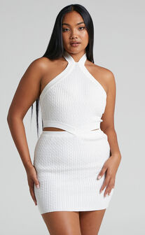 Augusteen Halter Neck Cut Out Waist Cable Knit Mini Dress in White