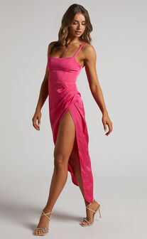 Cirilla Midaxi Dress - Thigh Split Corset Panelled Dress in Pink