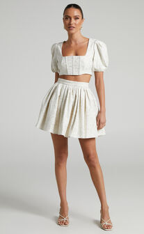 Clarie Two Piece Set - Lurex Jacquard Puff Sleeve Crop Top and Flare Mini Skirt Set in White