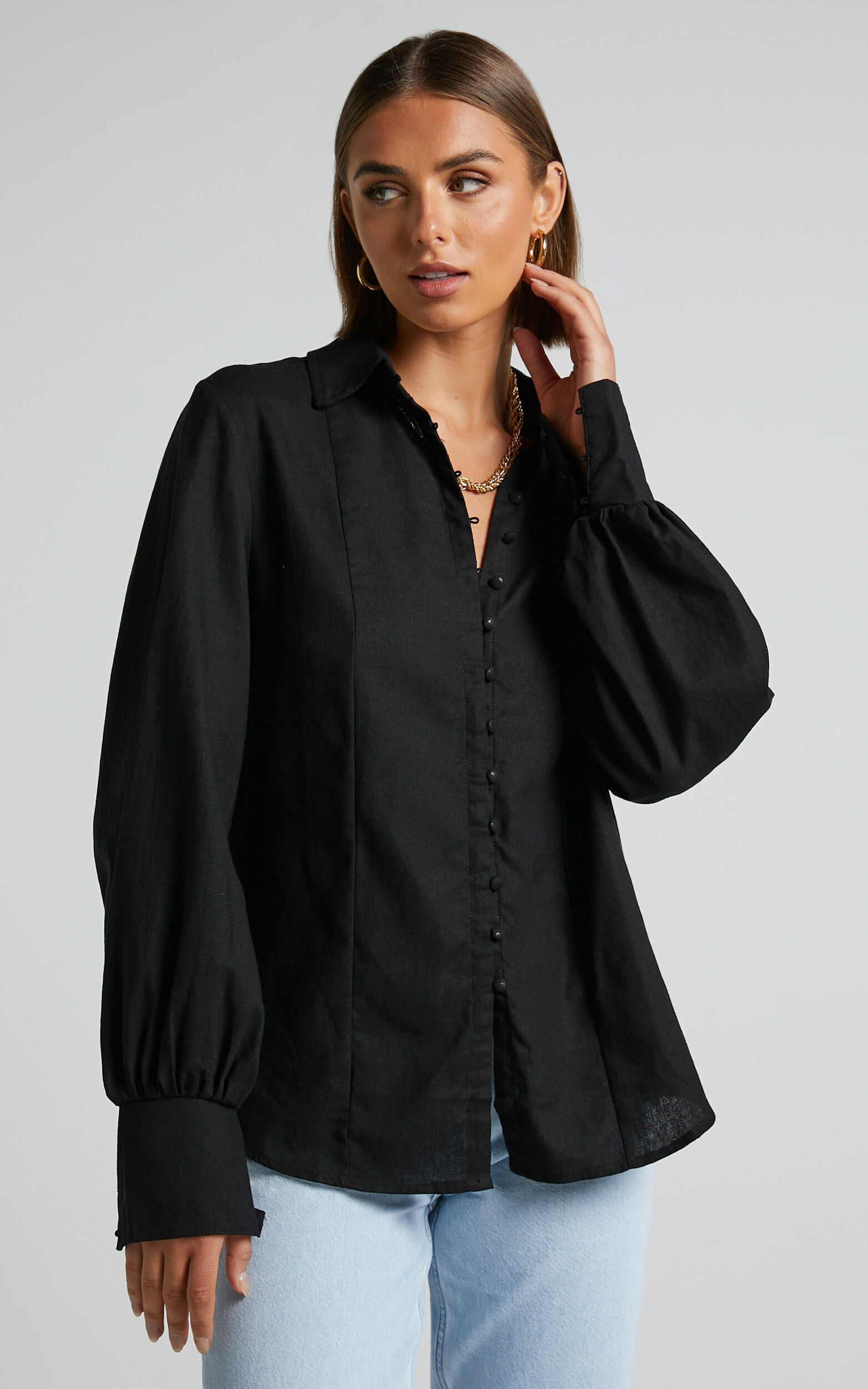 Kiva Blouse - Linen Look Long Sleeve Button Up Blouse in Black - 06, BLK1