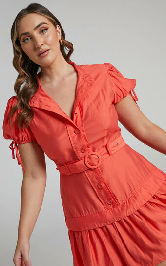 Avonni Mini Dress - Belt Button Through Dress in Orange