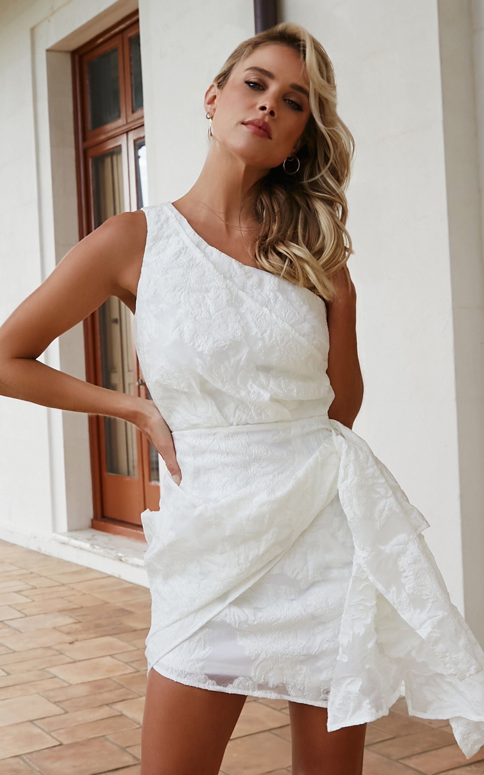 Brailey One Shoulder Wrap Front Mini Dress in White Jacquard | Showpo