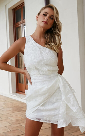 Brailey One Shoulder Wrap Front Mini Dress in White Jacquard