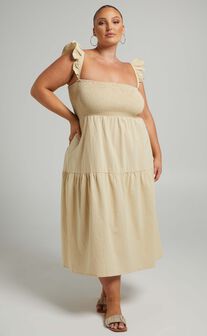 Angela Shirred Bodice Frill Strap Midi Dress in Cream