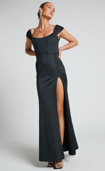 Demetra Maxi Dress - High Split Corset Detail Off Shoulder Dress in Black