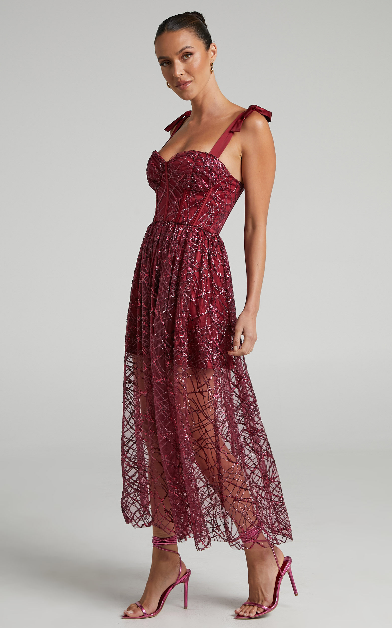 Rimea Midaxi Dress - Tie Shoulder Bustier Bodice Glitter Tulle Dress in  Berry