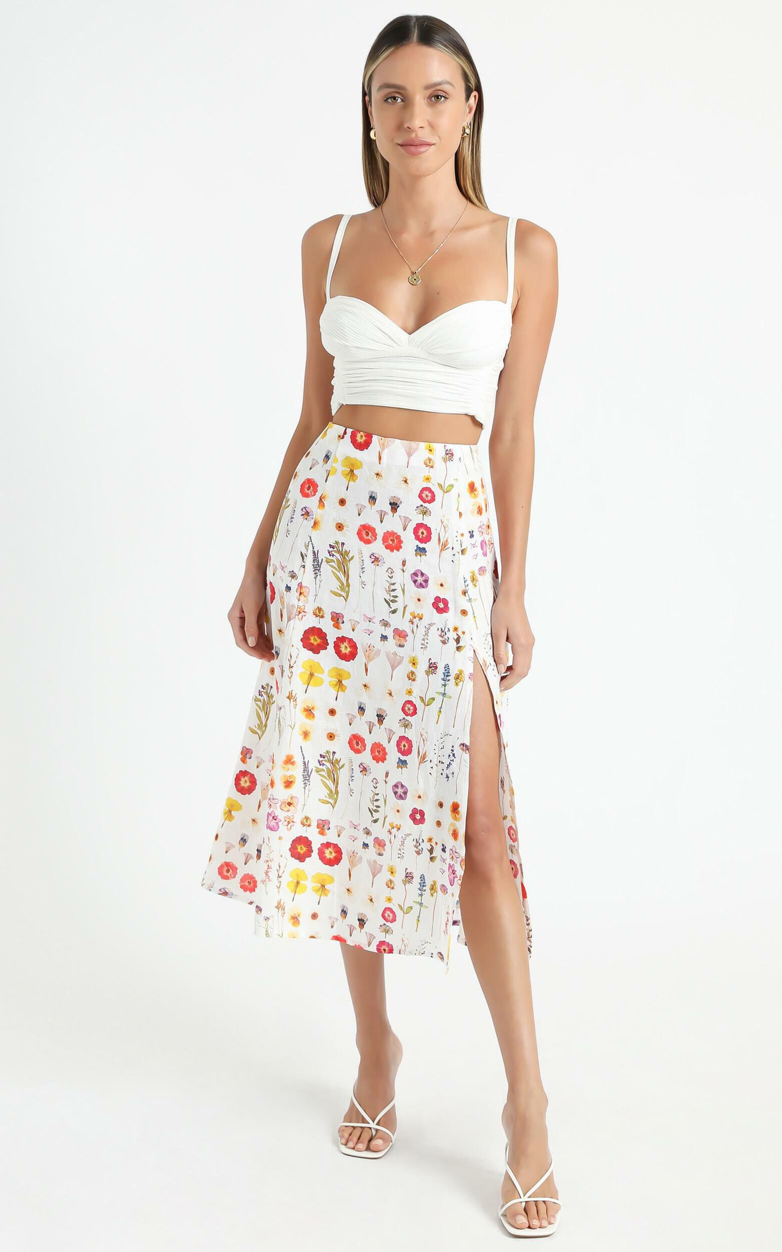Cools Club - A Line Split Midi Skirt in Pressed Floral | Showpo