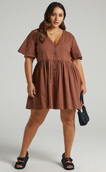 Staycation Smock Button Up Mini Dress in Chocolate