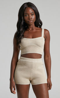 Assunda Ribbed Knit Crop Top and Short Two Piece Set in Sand